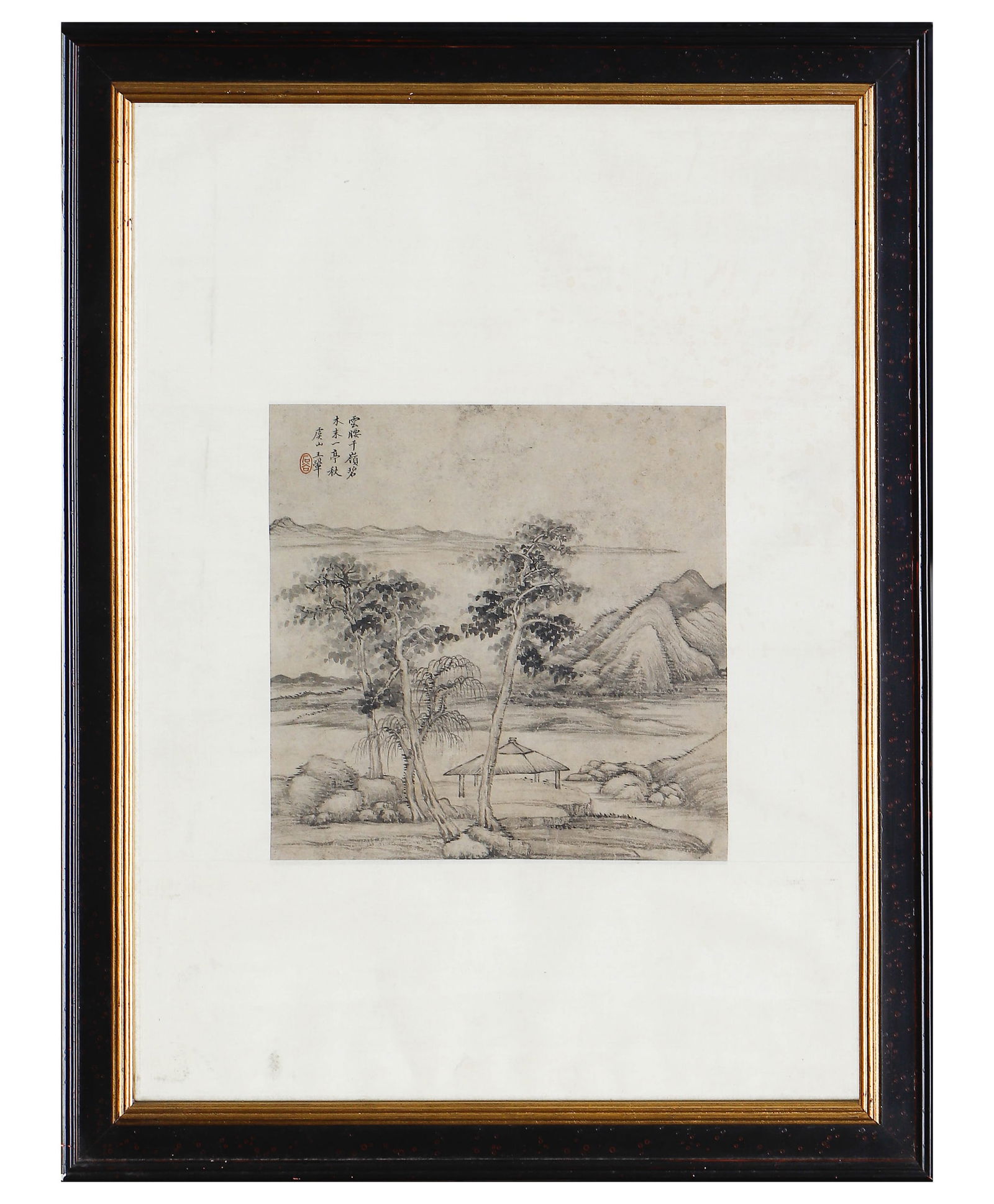 A CHINESE PAINTING OF HUT IN WOOD SIGNED WANG HUI: A CHINESE PAINTING OF HUT IN WOOD SIGNED WANG HUI Painting depicting Hut in wood, hanging panel, framed, ink on paper, inscribed and signed Wang Hui, with seals of artist. Dimensions: Image only size