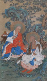 A CHINESE PAINTING OF LUOHAN GROUP SIGNED DING GUANPENG