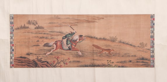A CHINESE PAINTING OF HUNTING SCENE SIGNED LANG SHINING