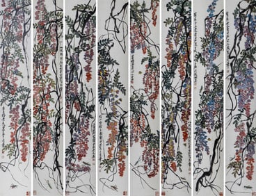 A SET OF CHINESE PAINTINGS OF WISTATIA SIGNED QI BAISHI