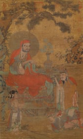A CHINESE PAINTING OF ARHAT IN RED ROBE SIGNED LIU SONGNIAN