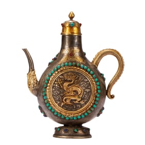 A HARDSTONES INLAID BRONZE PARTLY GILT EWER