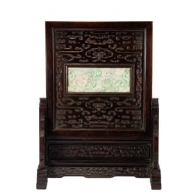 A FINE CARVED JADEITE PLAQUE INLAID ROSEWOOD ZITAN TABLE SCREEN