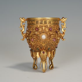 A RARE HARDSTONES INLAID BRONZE-GILT VESSEL