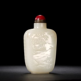 A CARVED WHITE JADE SCHOLARS SNUFF BOTTLE