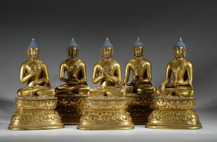 AN EXTREMELY RARE SET OF FIVE BRONZE-GILT FIVE COSMIC BUDDHAS ZANABAZAR SCHOOL