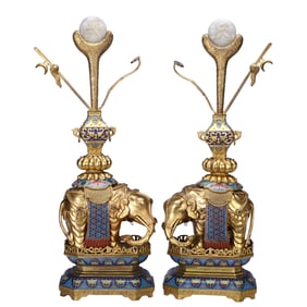 PAIR FINE AND RARE CARVED JADE PLAQUES INLAID CLOISONNE ENAMEL ELEPHANT SPILL VASE