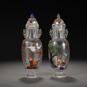 PAIR FINE HARDSTONES INLAID ROCK CRYSTAL VASES WITH COVER