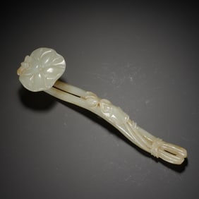 A CARVED WHITE JADE LOTUS RUYI SCEPTER
