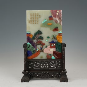 A FINE HARDSTONES INLAID JADE TABLE SCREEN