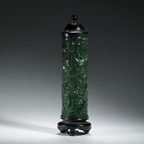 A FINE CARVED SPINACH GREEN JADE INCENSE BURNER