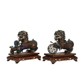 PAIR HARDSTONES INLAID SILVER LIONS