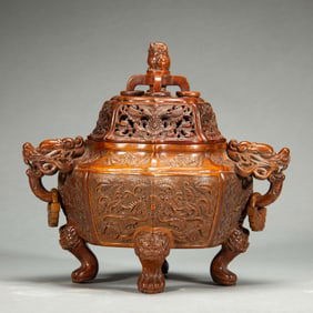 A CARVED HUANGHUALI INCENSE BURNER WITH COVER