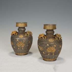PAIR SILVER PARTLY GILT POENY VASES