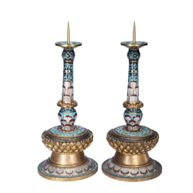 PAIR CLOISONNE ENAMEL CANDLECTICKS