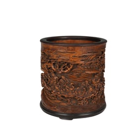 A FINE CARVED BAMBOO FIGURAL STORY BRUSHPOT