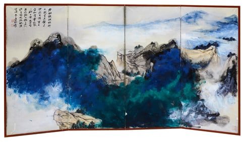 A CHINESE PAINTING OF BLUE AND GREEN SPLASHED LANDSCAPE SIGNED ZHANG DAQIAN
