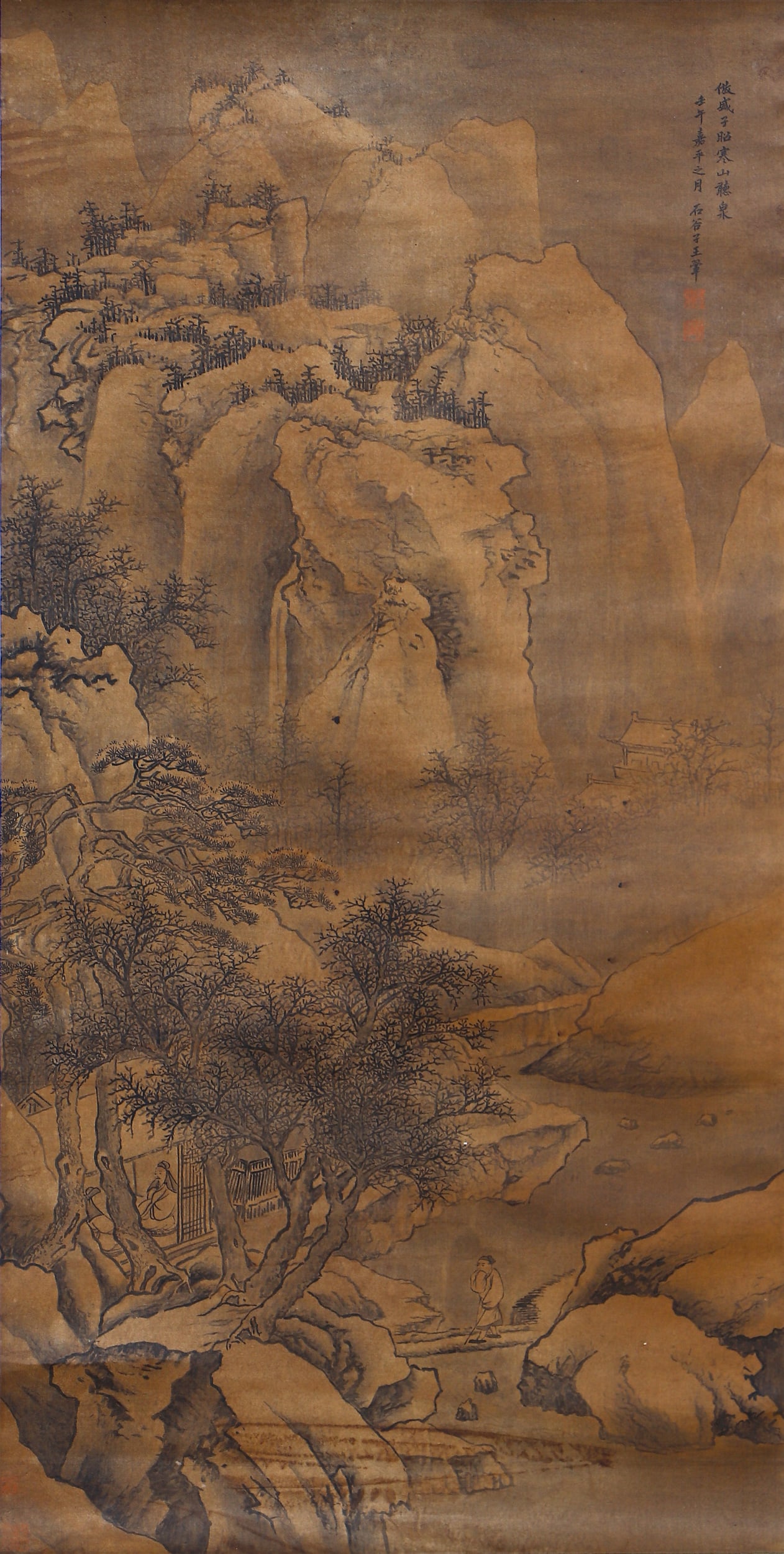 A CHINESE PAINTING OF SCHOLAR WALKING AMONG LANDSCAPE SIGNED WANGHUI: A CHINESE PAINTING OF SCHOLAR WALKING AMONG LANDSCAPE SIGNED WANGHUI Painting depicting scholar walking among landscape, hanging scroll, ink on paper, inscribed, signed Wang Hui, with seals of artist.
