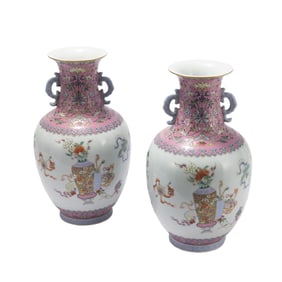 PAIR FAMILLE ROSE HUNDRED ANTIQUES VASES