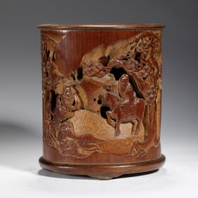 A CARVED BAMBOO FIGURAL STORY BRUSHPOT