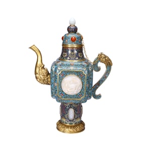 A CARVED JADE PLAQUES INLAID CLOISONNE ENAMEL EWER