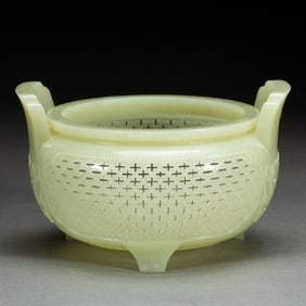 A CARVED WHITE JADE TRIPOD CENSER