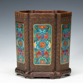 A CLOISONNE ENAMEL PLAQUES INLAID HUANGHUALI BRUSHPOT