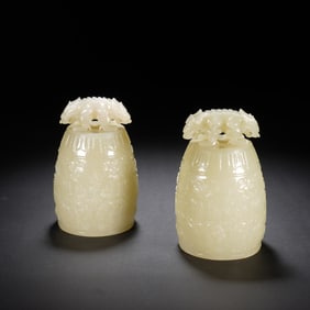 PAIR FINE AND RARE CARVED WHITE JADE BELLS
