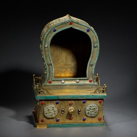 A FINE AND RARE HARDSTONES INLAID BRONZE-GILT SHRINE