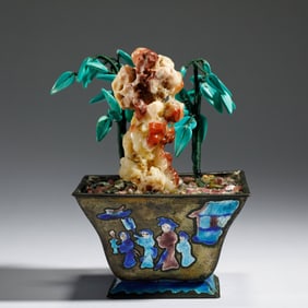 A HARDSTONES DECORATED SILVER BONSAI