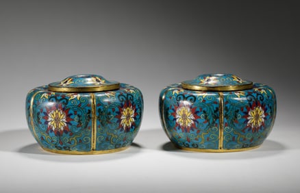 PAIR CLOISONNE ENAMEL JARS WITH COVERS