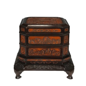A CARVED BAMBOO PLAQUES INLAID ROSEWOOD ZITAN BOX WITH COVER