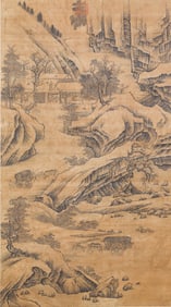 A CHINESE PAINTING OF MOUNTAIN VILLAGE SIGNED JINHAO