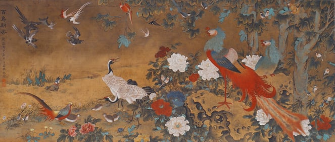 A CHINESE PAINTING OF HUNDRED BIRDS SIGNED SHENQUAN