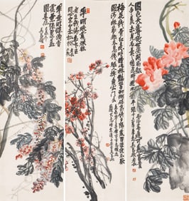 A SET OF THREE CHINESE PAINTINGS OF FLOWERS SIGNED WU CHANGSHUO
