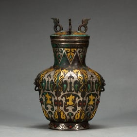 A VERY RARE GOLD AND SILVER INLAID BRONZE VESSEL AND COVER HU