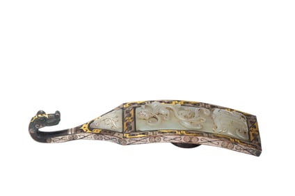 A RARE GOLD AND SILVER INLAID HARDSTONES DECORATED BRONZE BELTHOOK