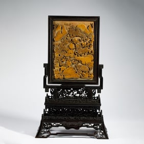 A CARVED SHOUSHAN STONE INLAID WOODEN TABLE SCREEN