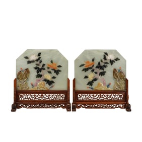 PAIR FINE HARDSTONES INLAID JADE TABLE SCREENS