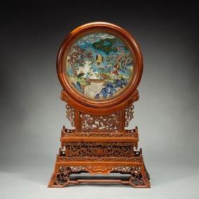 A FINE AND RARE CLOISONNE ENAMEL PLAQUE INLAID HUANGHUALI TABLE SCREEN