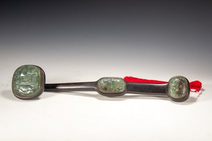 A CARVED JADE PLAQUES INLAID ROSEWOOD ZITAN RUYI SCEPTER