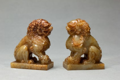 PAIR CARVED JADE LIONS