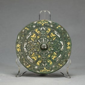 A VERY RARE GOLD AND SILVER INLAID BRONZE MIRROR
