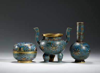 A SET OF THREE CLOISONNE ENAMEL INCENSE TOOLS