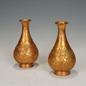 PAIR BRONZE-GILT PHOENIX VASES