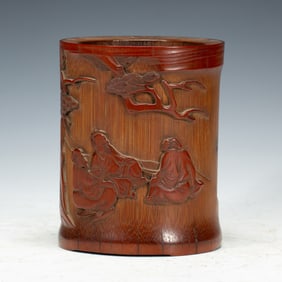 A CARVED BAMBOO FIGURAL STORY BRUSHPOT