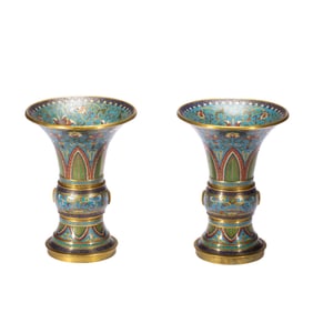 PAIR CLOISONNE ENAMEL BEAKER VASES GU