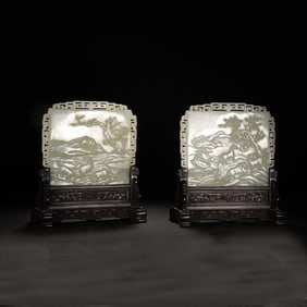 PAIR VERY FINE CARVED WHITE JADE HORSES TABLE SCREEN