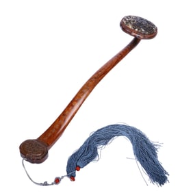 A CARVED JADE INLAID ANATTO-WOOD RUYI SCEPTER