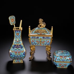 A VERY RARE SET OF CLOISONNE ENAMEL INCENSE TOOLS